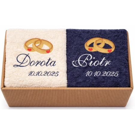 Zestaw ręczników na ślub z haftem obrączki
