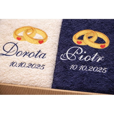 Zestaw ręczników na ślub z haftem obrączki